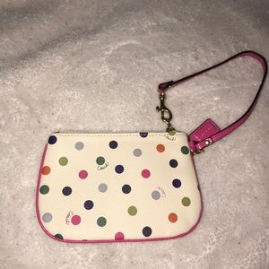 Small colorful polka dot Coach wristlet